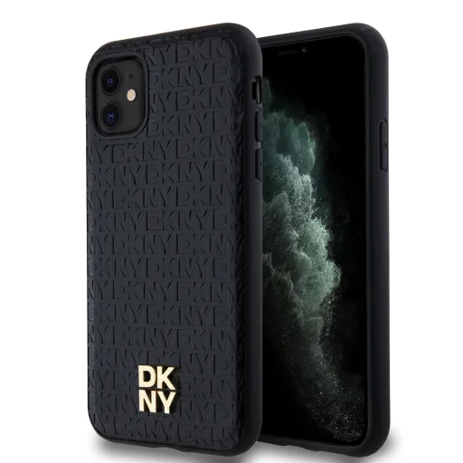 DKNY PU Bőr Ismétlődő Minta Logó Stacked MagSafe iPhone 11 tok fekete - 1