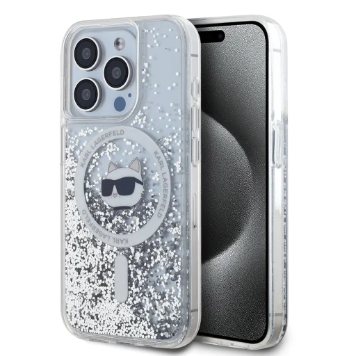  iPhone 15 Pro Max Átlátszó Karl Lagerfeld Liquid Glitter Choupette Head MagSafe tok - 1