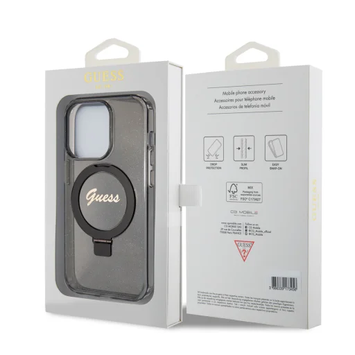Guess IML Ring Stand Glitter MagSafe tok iPhone 15 Pro Fekete - 8