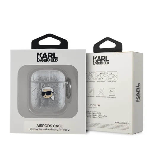 Karl Lagerfeld PU Dombornyomott Karl Head AirPods 1/2 Tok Ezüst - 3