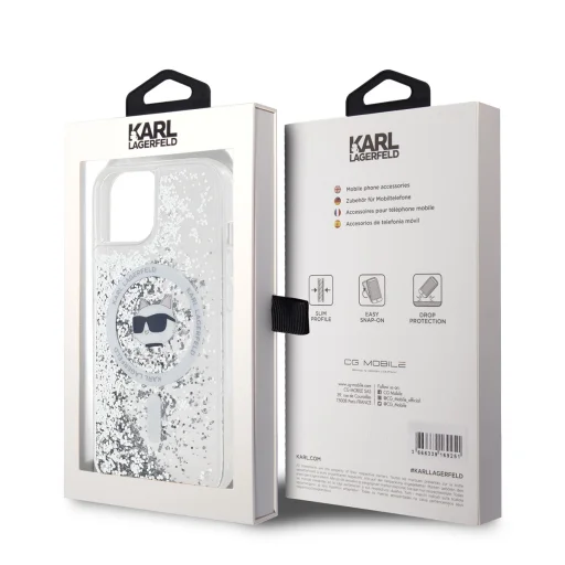  iPhone 15 átlátszó Karl Lagerfeld Liquid Glitter Choupette Head MagSafe tok - 6