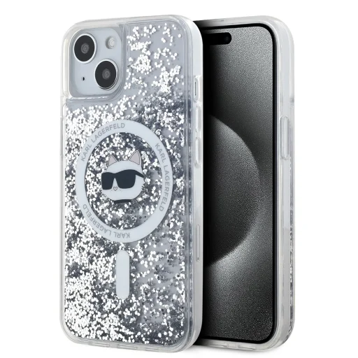  iPhone 15 átlátszó Karl Lagerfeld Liquid Glitter Choupette Head MagSafe tok - 1