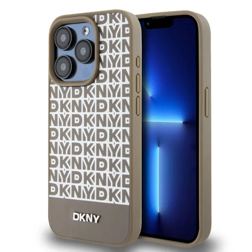 DKNY PU bőr ismétlődő mintás alsó csík MagSafe tok iPhone 13 Pro Max Barna - 1
