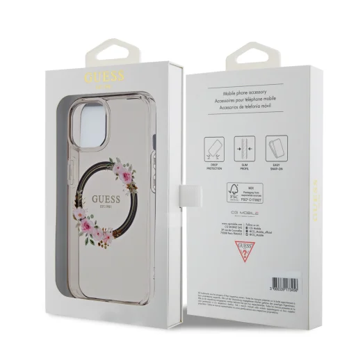 Guess PC/TPU Flowers Ring Glossy Logo MagSafe tok iPhone 15 fekete - 7