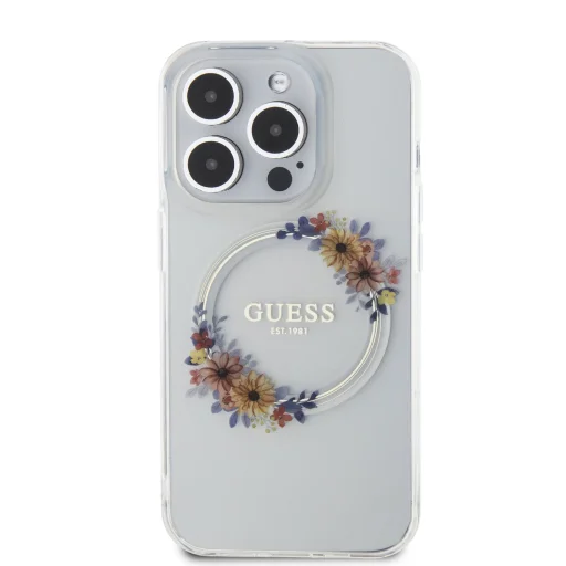 Guess PC/TPU Virágos Gyűrű Fényes Logó MagSafe tok iPhone 15 Pro Átlátszó - 3