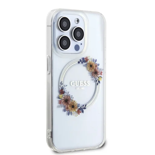 Guess PC/TPU Virágos Gyűrű Fényes Logó MagSafe tok iPhone 15 Pro Átlátszó - 4