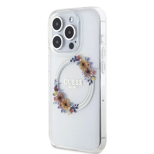 Guess PC/TPU Virágos Gyűrű Fényes Logó MagSafe tok iPhone 15 Pro Átlátszó - 2