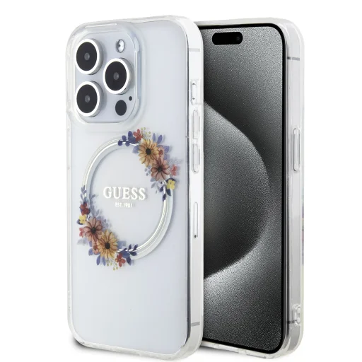 Guess PC/TPU Virágos Gyűrű Fényes Logó MagSafe tok iPhone 15 Pro Átlátszó - 1