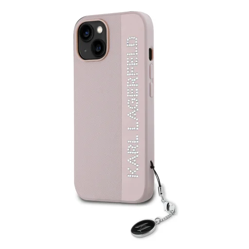  iPhone 15 Pink Karl Lagerfeld PU Saffiano Rhinestone Charm tok - 3