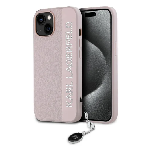  iPhone 15 Pink Karl Lagerfeld PU Saffiano Rhinestone Charm tok - 1