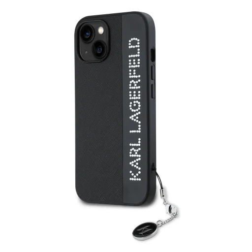  iPhone 15 fekete Karl Lagerfeld PU Saffiano Rhinestone Charm tok - 3