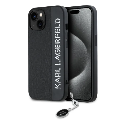  iPhone 15 fekete Karl Lagerfeld PU Saffiano Rhinestone Charm tok - 1