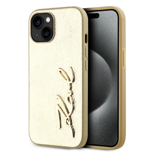  iPhone 15 arany Karl Lagerfeld Wrinkled PU Signature Logo tok - 1