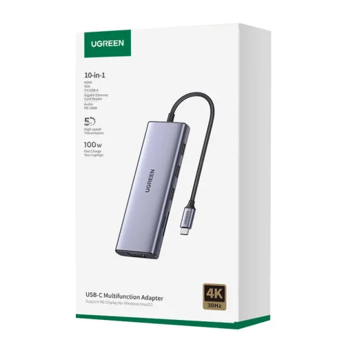 UGREEN Revodok CM498 10 az 1-ben adapter USB-C - 3x USB-A 3.0, HDMI, VGA, RJ45, SD/TF, AUX3,5 mm, PD - 6