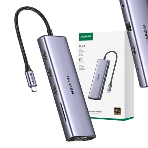 UGREEN Revodok CM498 10 az 1-ben adapter USB-C - 3x USB-A 3.0, HDMI, VGA, RJ45, SD/TF, AUX3,5 mm, PD - 1