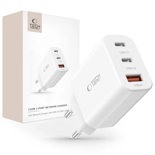 Tech-Protect NC30W hálózati töltő 2x USB-C PD 30W / USB-A QC 3.0 - fehér - 1