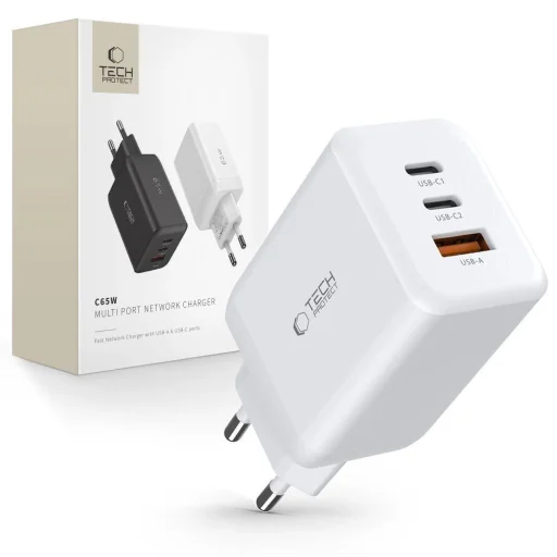 Tech-Protect C65W hálózati töltő 2x USB-C PD 65W / USB-A QC 3.0 - fehér - 1