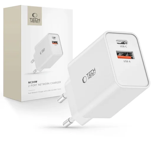Tech-Protect NC30W USB-C PD 30W / USB-A QC 3.0 hálózati töltő - fehér - 1