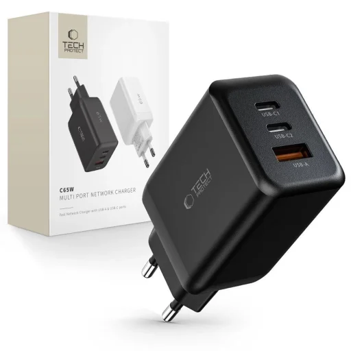Tech-Protect C65W hálózati töltő 2x USB-C PD 65W / USB-A QC 3.0 - fekete - 1