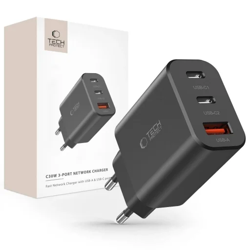 Tech-Protect NC30W hálózati töltő 2x USB-C PD 30W / USB-A QC 3.0 - fekete - 1