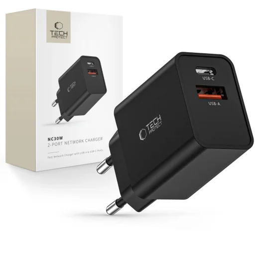 Tech-Protect NC30W USB-C PD 30W / USB-A QC 3.0 hálózati töltő - fekete - 1
