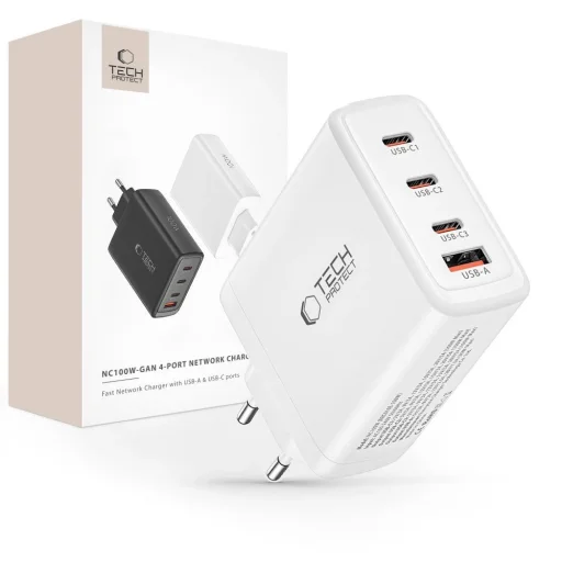 Tech-Protect NC100W-GAN töltő GaN 3x USB-C PD 100W / USB-A QC 3.0 - fehér - 1