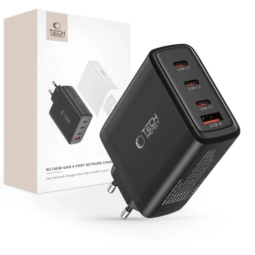 Tech-Protect NC100W-GAN GaN hálózati töltő 3x USB-C PD 100W / USB-A QC 3.0 - fekete - 1
