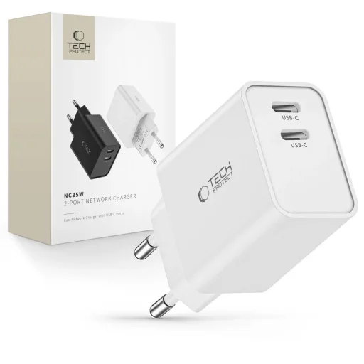 Tech-Protect C35W hálózati töltő 2x USB-C PD 35W - fehér - 1