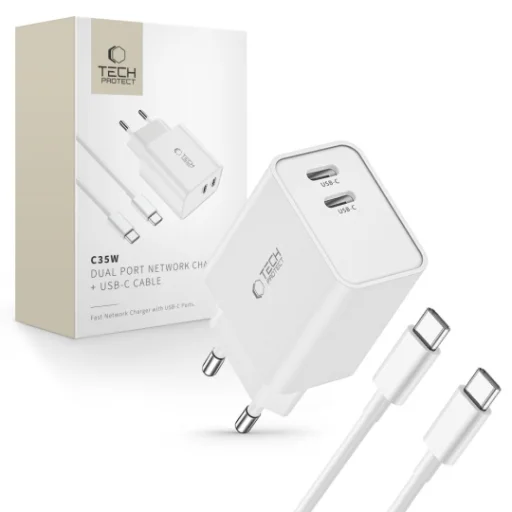 Tech-Protect C35W 2x USB-C PD 35W hálózati töltő USB-C / USB-C kábellel - fehér - 1