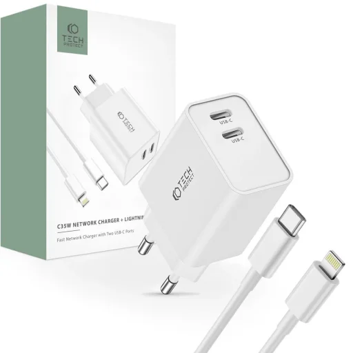 Tech-Protect C35W 2x USB-C PD 35W hálózati töltő USB-C / Lightning kábellel - fehér - 1
