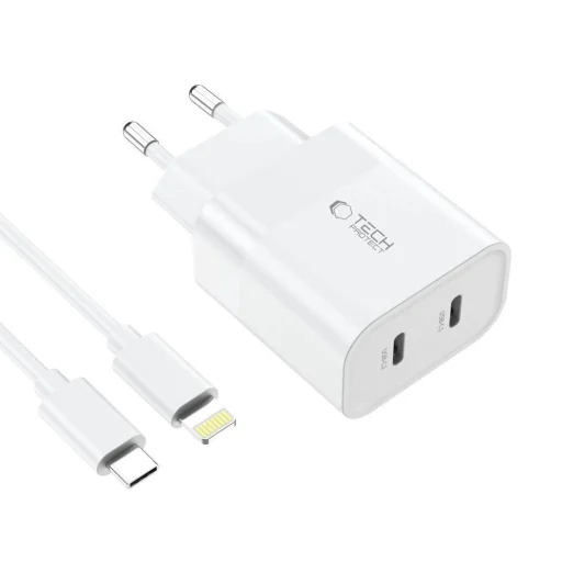 Tech-Protect C20W 2x USB-C PD 20W hálózati töltő USB-C / USB-C kábellel - fehér - 3