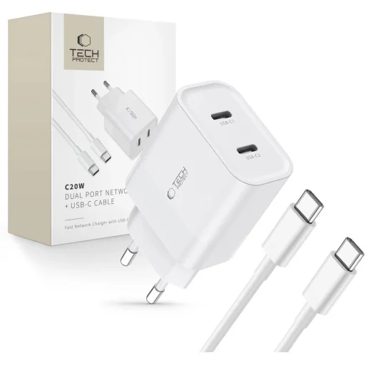Tech-Protect C20W 2x USB-C PD 20W hálózati töltő USB-C / USB-C kábellel - fehér - 1