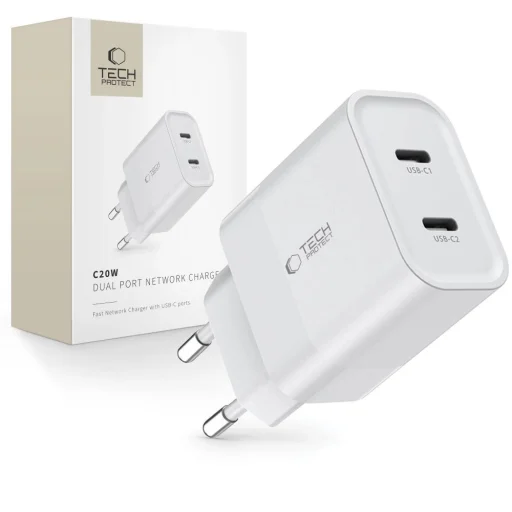 Tech-Protect C20W hálózati töltő 2x USB-C PD 20W - fehér - 1