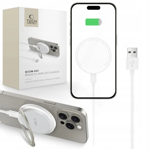 Tech-Protect QI15W-A33 indukčná nabíjačka s funkciou MagSafe a stojanom, USB-A / USB-C kábel - biela - 1