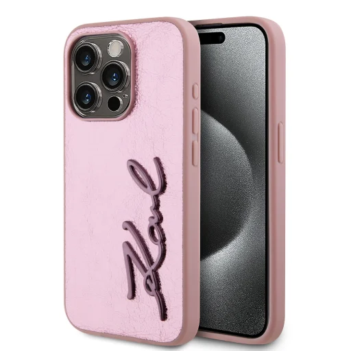  iPhone 15 Pro Max Pink Karl Lagerfeld Wrinkled PU Signature Logo tok - 1