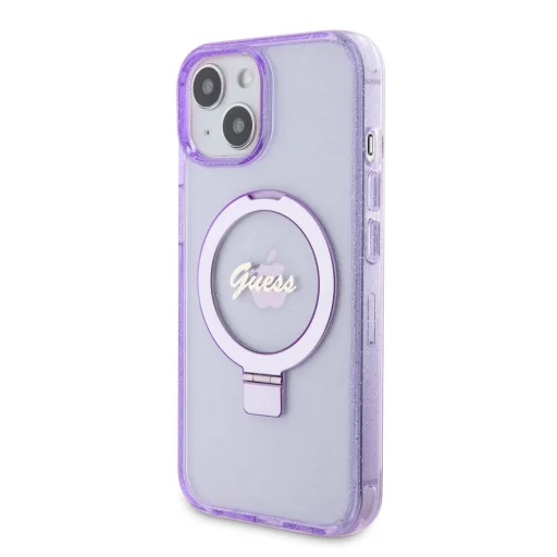 Guess IML Gyűrűs Tartó Glitter MagSafe tok iPhone 15 Plus Lila - 2