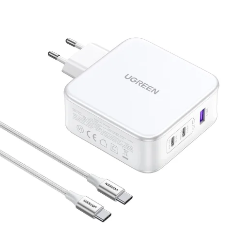 Ugreen Nexode CD289 GaN hálózati töltő USB-A/2xUSB-C 140W + USB-C - USB-C kábel 1,5m - fehér - 2