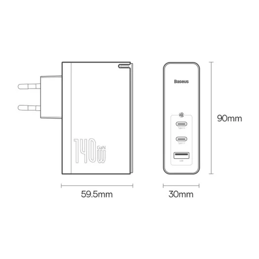 Baseus GaN5 Pro gyors töltő 2xUSB-C + USB 140W EU fekete (CCGP100201) - 26