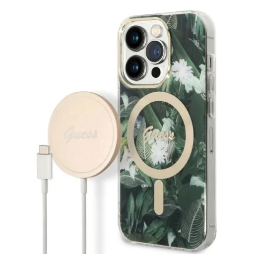 Guess GUBPP14LHJEACSA Tok+ Töltő iPhone 14 Pro 6.1" zöld/zöld kemény tok Jungle MagSafe - 1
