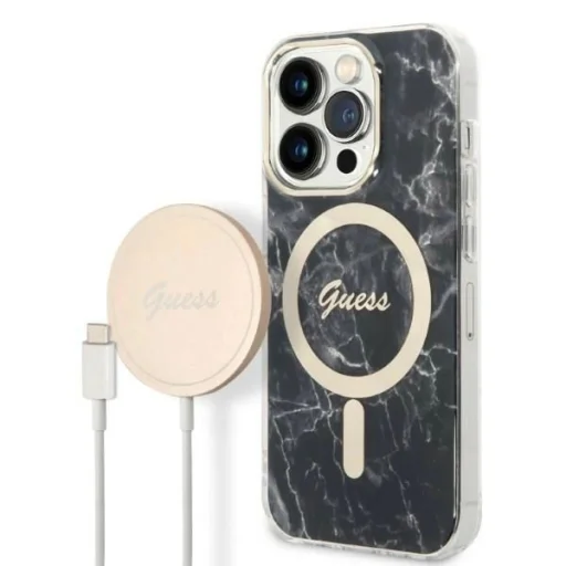 Guess GUBPP14LHMEACSK telefontok és töltő iPhone 14 Pro 6.1" fekete/fekete kemény tok Márvány MagSafe - 1