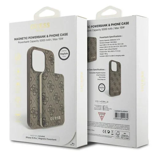 Guess 4G Fém Logós tok szett iPhone 15 Pro-hoz + 5000mAh MagSafe power bank - barna tok - 11