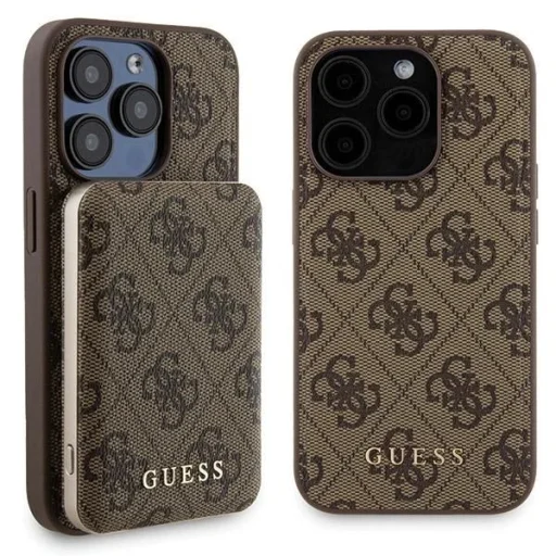 Guess 4G Fém Logós tok szett iPhone 15 Pro-hoz + 5000mAh MagSafe power bank - barna tok - 1