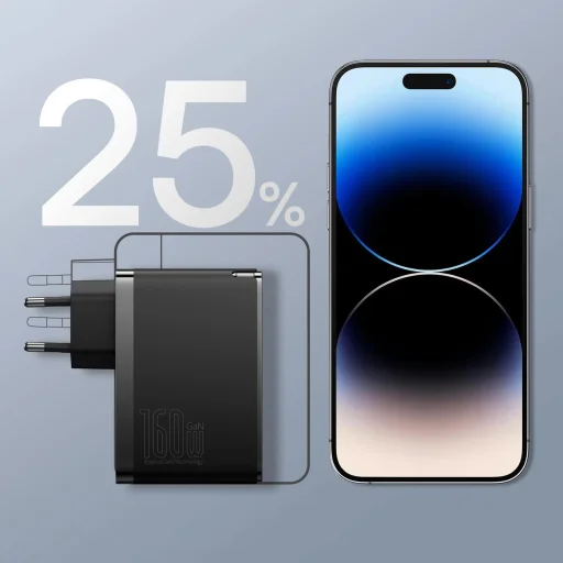 Baseus GaN5 Pro GaN hálózati töltő 2x USB-C / USB-A 160W - fekete + USB-C - USB-C 240W kábel - fekete - 10