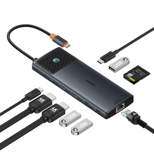 HUB 10 az 1-ben Baseus Metal Gleam Series USB-C to USB-C PD / USB-C / 3x USB-A / 2x HDMI / RJ-45 / SD / TF - fekete - 1