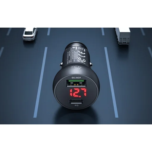 Mcdodo CC-7030 autós töltő, USB + USB-C, kijelzővel, 45W (Fekete) - 5