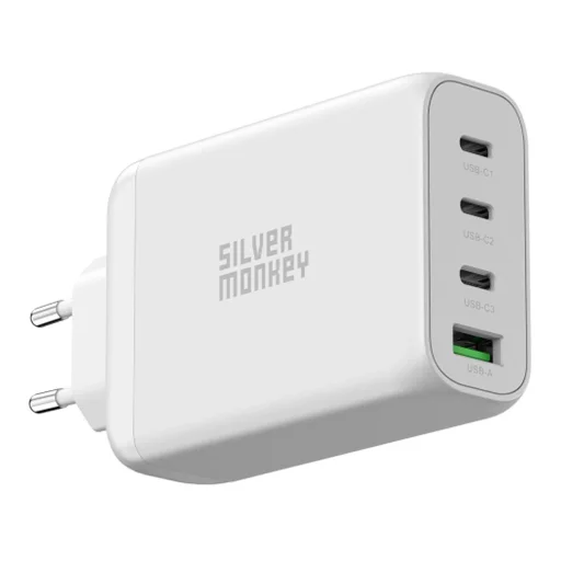 Silver Monkey GaN 130W hálózati töltő 3x USB-C PD 1x USB-A 3.0 QC - fehér - 1