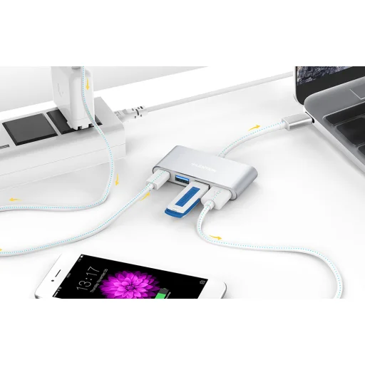 Lention 4in1 Hub USB-C to USB 3.0 + 2x USB 2.0 + USB-C (ezüst) - 3