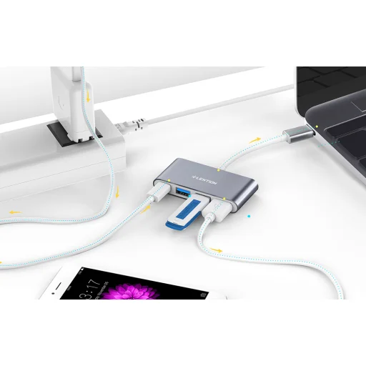 Lention 4in1 Hub USB-C to USB 3.0 + 2x USB 2.0 + USB-C (szürke) - 3