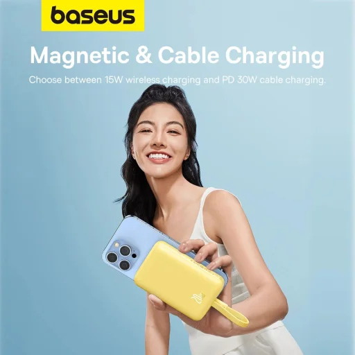 Baseus Magnetic Mini MagSafe 10000mAh 20W powerbank beépített Lightning kábellel - sárga + Baseus Simple Series USB-C - USB-C 60W 0.3m kábel - 11
