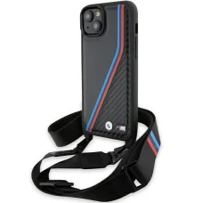  iPhone 15 Plus / 14 Plus fekete BMW M Edition Carbon Tricolor Lines & Strap tok